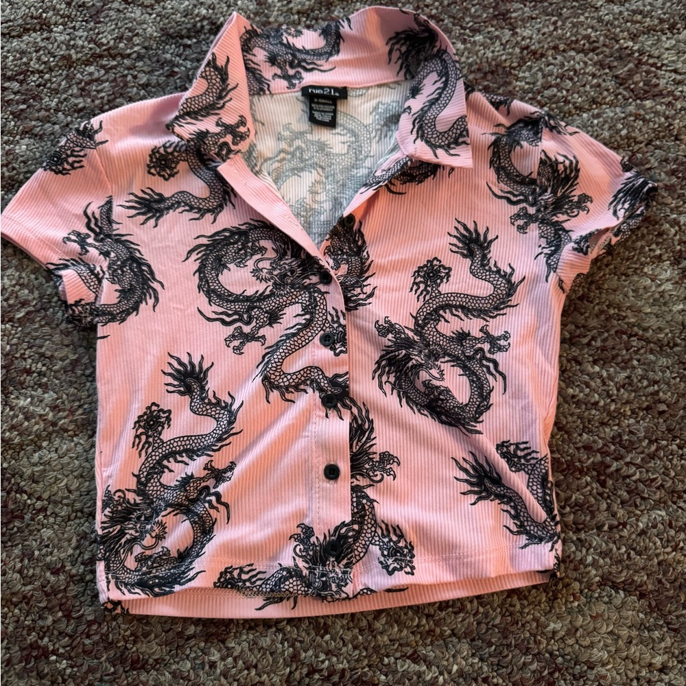 Rue21 Pink Dragon Print Button Down Shirt